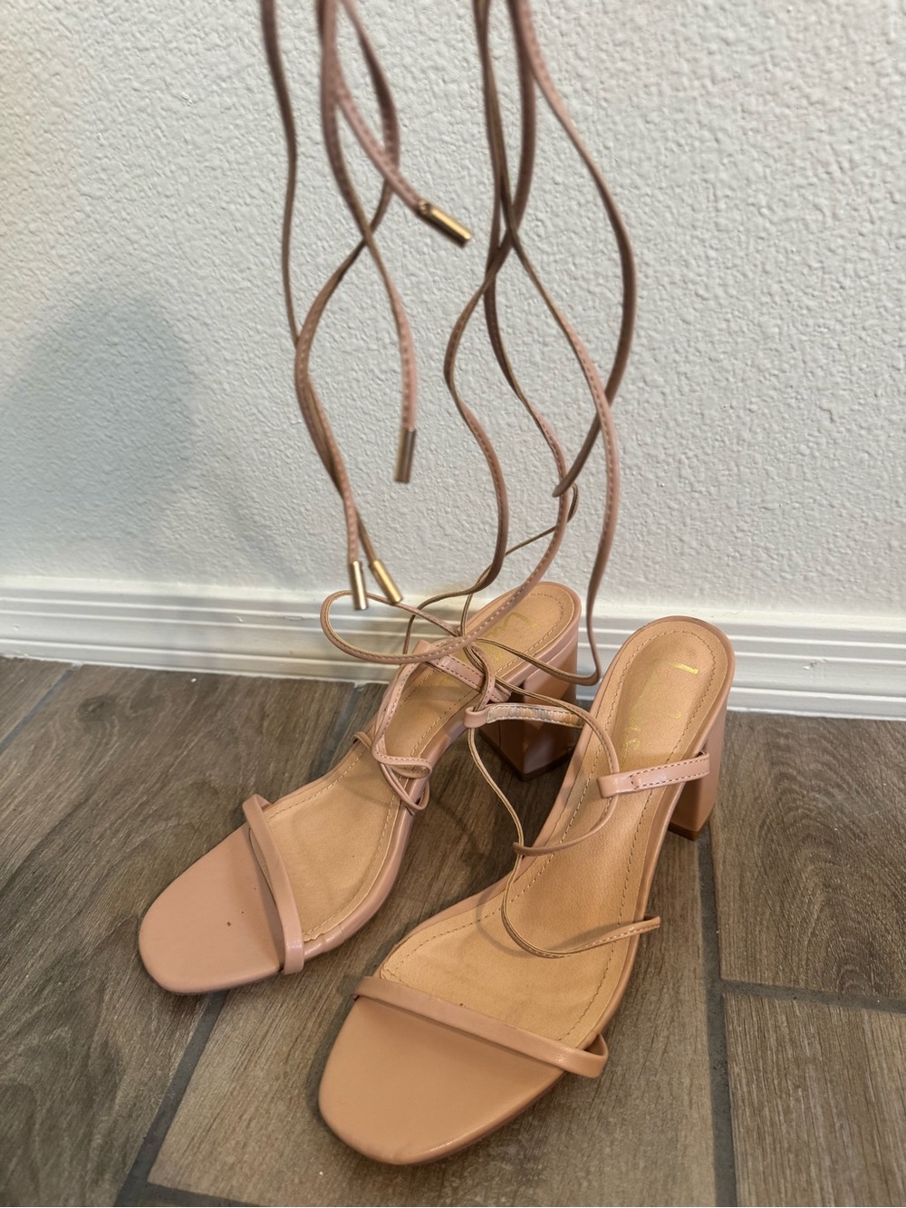 Lulu's Blush Lace-Up Block Heel Sandals